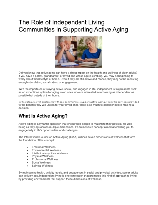 The Role of Independent Living Communities in Supporting Active Aging