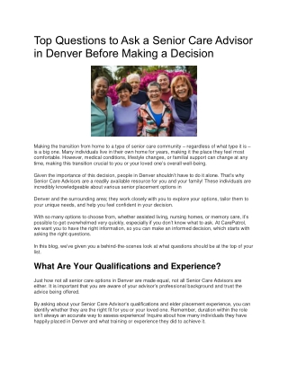 Top Questions to Ask a Senior Care Advisor in Denver Before Making a Decision