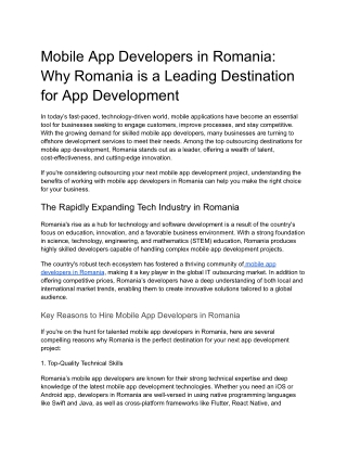 Mobile App Developers in Romania: Why Romania is a Leading Destination