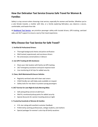 How Our Dehradun Taxi Service Ensures Safe Travel for Women & Families