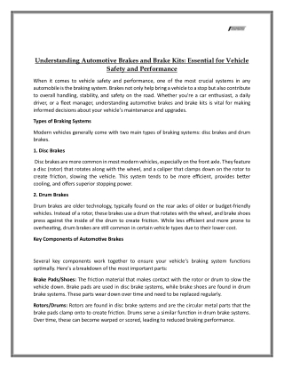 Understanding Automotive Brakes and Brake Kits- Essential for Vehicle Safety and Performance