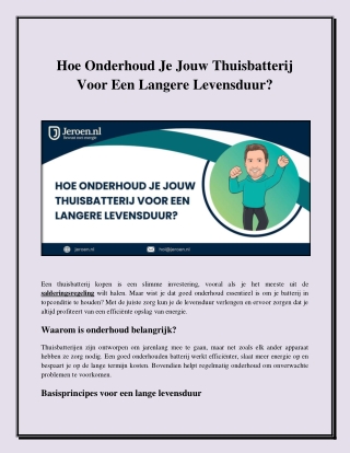 Hoe Onderhoud Je Jouw Thuisbatterij Voor Een Langere Levensduur?