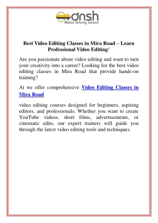 Best Video Editing Classes in Mira Road Learn Professional Video Editing!