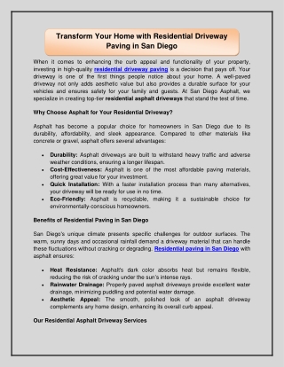 Transform Your Home with Residential Driveway Paving in San Diego