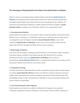 The Advantages of Buying Stainless Steel Sheets from Jindal Dealers in Mumbai