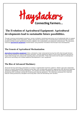 The Evolution of Agricultural Equipment  Agricultural developments lead to sustainable future possibilities