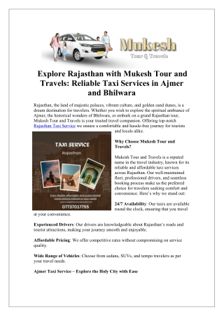 Explore Rajasthan with Mukesh Tour and Travels  Reliable Taxi Services in Ajmer and Bhilwara