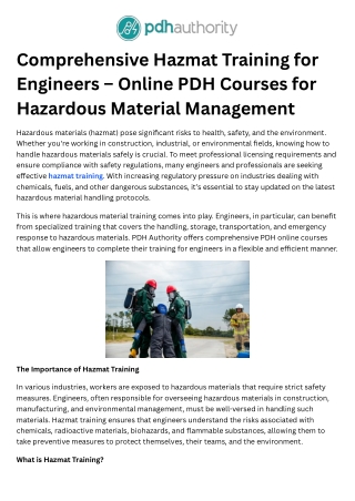 Comprehensive Hazmat Training for Engineers – Online PDH Courses for Hazardous