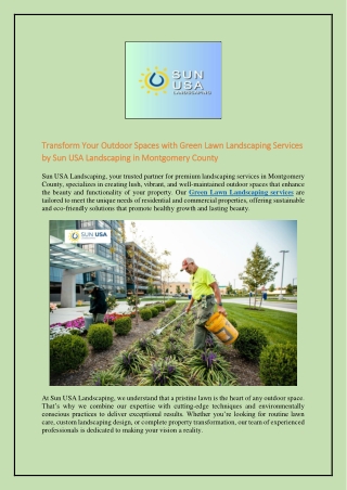 Transform Your Outdoor Spaces with Green Lawn Landscaping Services by Sun USA Landscaping in Montgomery County