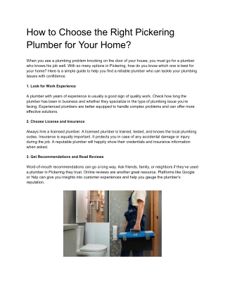 How to Choose the Right Pickering Plumber for Your Home