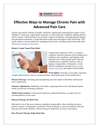 Effective Ways to Manage Chronic Pain with Advanced Pain Care