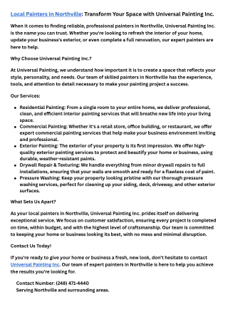 Local Painters in Northville Transform Your Space with Universal Painting Inc.