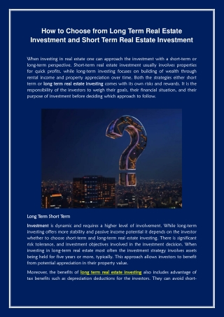 Long Term Real Rstate Investing