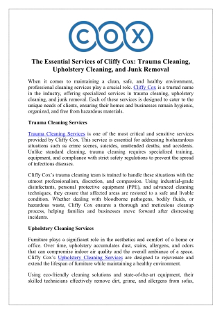 Professional Trauma Cleaning Services by Cliffy Cox