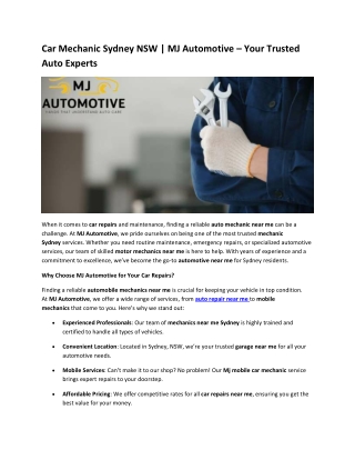 Car Mechanic Sydney NSW | MJ Automotive – Your Trusted Auto Experts