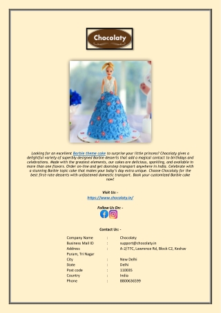 Buy Barbie Theme Cake Online – Order Stunning Barbie Cakes | Chocolaty