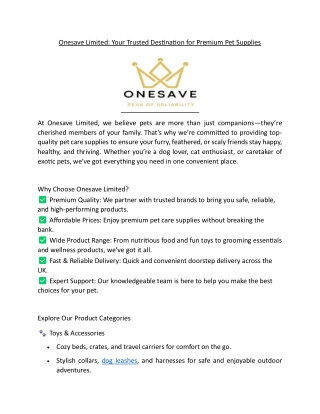 Onesave Limited - Your Trusted Destination for Premium Pet Supplies