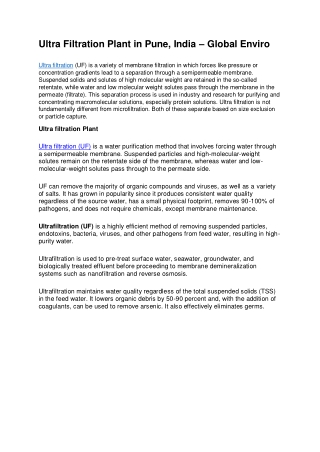 Ultra Filtration Plant in Pune, India – Global Enviro