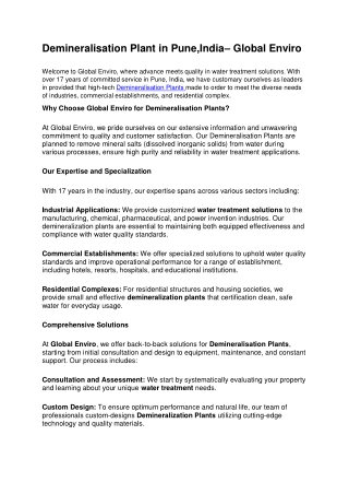 Demineralisation Plant in Pune,India– Global Enviro