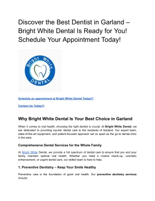 Discover the Best Dentist in Garland – Bright White Dental Is Ready for You! Schedule Your Appointment Today!
