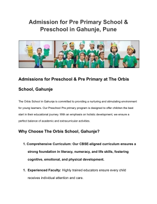 Admission for Pre Primary School & Preschool in Gahunje, Pune