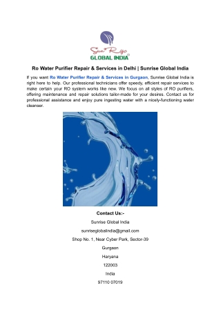 Ro Water Purifier Repair & Services in Delhi _ Sunrise Global India