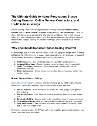 The Ultimate Guide to Home Renovation Stucco Ceiling Removal, Online General Contractors, and HVAC in Mississauga