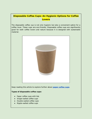 Disposable Coffee Cups: An Hygienic Options for Coffee Lovers
