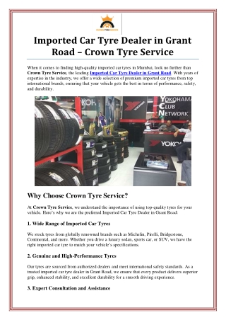 Imported Car Tyre Dealer in Grant Road - Crown Tyre Service