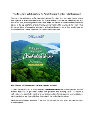 Top Resorts in Mahabaleshwar for Family Summer Holiday_ Hotel Dreamland