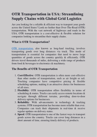 OTR Transportation in USA