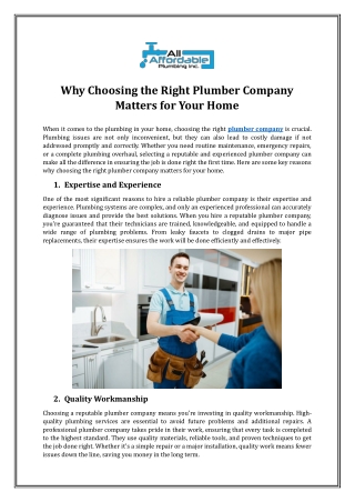 Why Choosing the Right Plumber Company Matters for Your Home