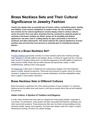 Brass Necklace Sets and Their Cultural Significance in Jewelry Fashion
