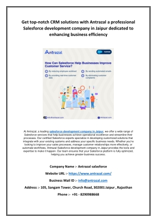 Get top-notch CRM solutions with Antrazal a professional Salesforce development company in Jaipur dedicated to enhancing