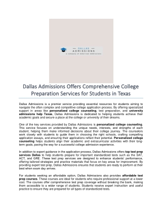 Dallas Admissions Offers Comprehensive College Preparation Services for Students in Texas