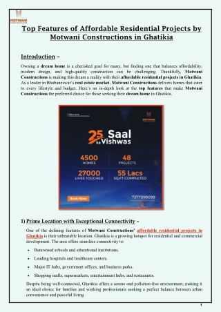 Top Features of Affordable Residential Projects by Motwani Constructions in Ghatikia