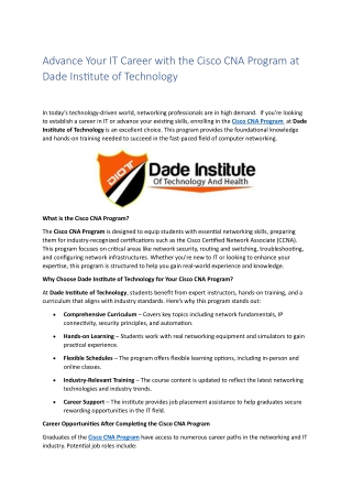 Advance Your IT Career with the Cisco CNA Program at Dade Institute of Technology