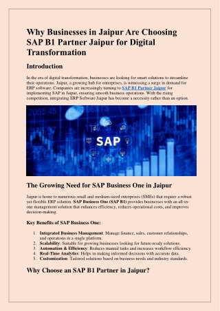 Why Businesses in Jaipur Are Choosing SAP B1 Partner Jaipur for Digital Transformation