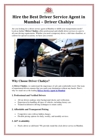 Driver Service Agent in Mumbai - Driver Chahiye