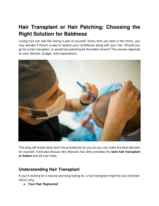 Hair Transplant or Hair Patching- Choosing the Right Solution for Baldness