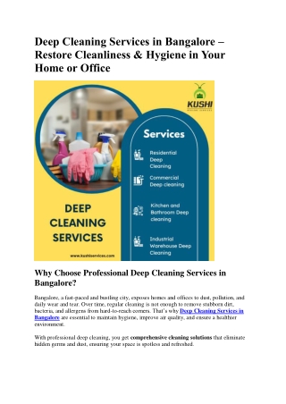 Deep Cleaning Services in Bangalore - Kushi Hygiene Services