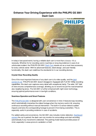 Enhance Your Driving Experience with the PHILIPS GS 3001 Dash Cam