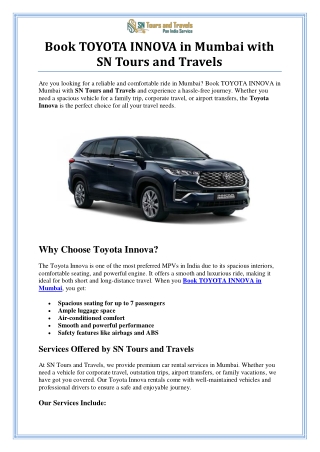 Book TOYOTA INNOVA in Mumbai with SN Tours and Travels