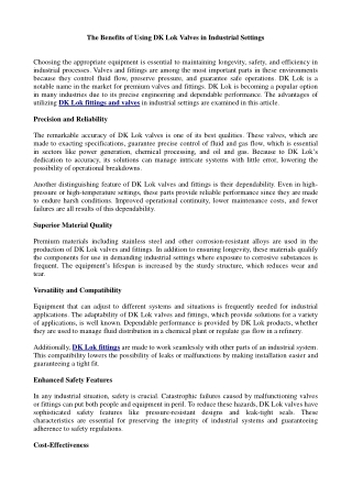 The Benefits of Using DK Lok Valves in Industrial Settings