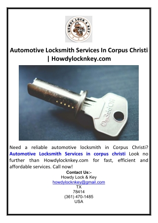Automotive Locksmith Services In Corpus Christi | Howdylocknkey.com