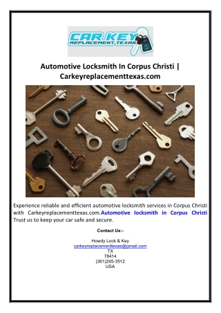 Automotive Locksmith In Corpus Christi | Carkeyreplacementtexas.com