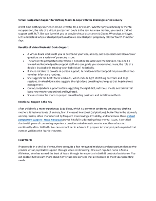 Virtual Postpartum Support for Birthing Moms to Cope with the Challenges after Delivery