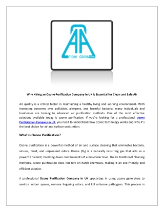 Why Hiring an Ozone Purification Company in UK