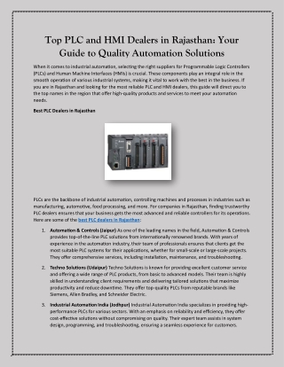 Top PLC and HMI Dealers in Rajasthan