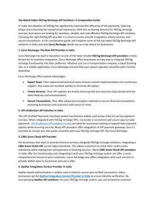 Top-Rated Indian FASTag Recharge API Solutions: A Comparative Guide